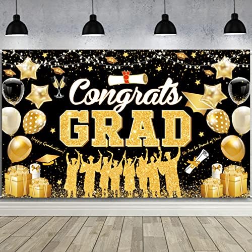 Дипломирање Банер конграти Додади банер, црно -злато дипломирање 2023 година дипломирање Банер голем 71x45 инчи за дипломирање Класа од