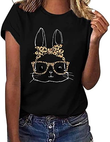 Симпатична зајак печатени врвови за жени обични летни летни маици за велигденски ден кратки ракави околу вратот лабава маица фустани блузи