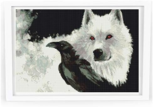 Cross Stitch Model White Wolf PDF, Black Raven Modern Counted Animals Cross Cross Stitch Design, DMC Cross Stitch Chart за возрасни, Decor