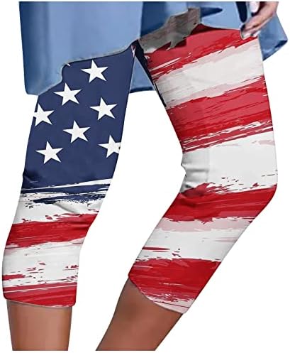 Женски исечени панталони Ден на независност Мода, печатена еластична половината, обичен тенок фит јога хеланки шорцеви, џемпент
