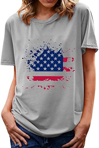 Женски 4 -ти јули врвови на американската starвезда шарена знаме печатени маички Основни кратки ракави екипаж летен празник блуза