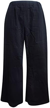 Женски широки панталони со нозе со цврста боја памучна постелнина еластична половината лабава панталони