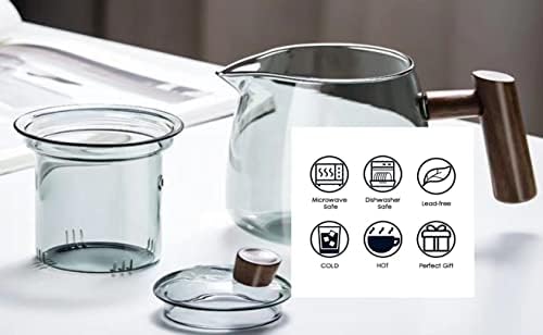 Смоки сиво стакло чајник и чај котел со чаша со капа и цедилка-боросиликат стаклен чај чаша инфузер со дрвена рачка за чај што се наоѓа дома
