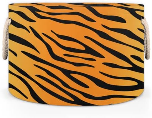 Животински тигар кожа големи тркалезни корпи за корпи за перење алишта со рачки ќебе корпа за складирање за полици за бања за организирање
