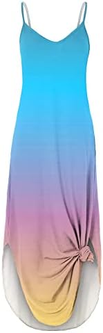 OPLXUO летни макси фустани за жени 2023 случајна V-вратот без ракави лизгање со долга садска вратоврска боја, боја, лабава облека за резервоар за кошула