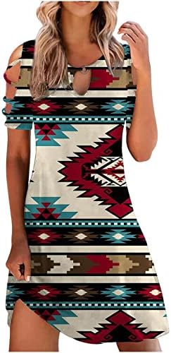 Гуокси Cold Shoulder Mini Dresses for Women Loose Casual Short Sleeve Print Dress Summer Keyhole Color Block Beach Dress