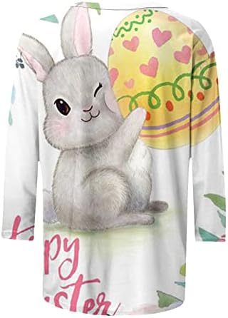 3/4 ракав Велигденски маички за жени Симпатични зајаче јајца печатени маички кошула околу вратот графичка блуза лабава вклопени врвови маица