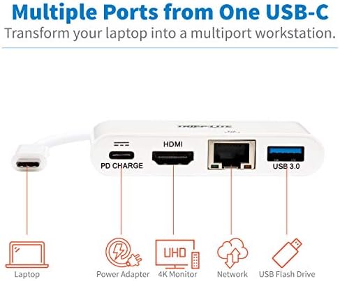Tripp LITE USB C До HDMI Multiport Видео Адаптер Конвертор 4K w/ USB-Центар, USB-C Pd Порта За Полнење &засилувач; Gigabit Ethernet Порта,