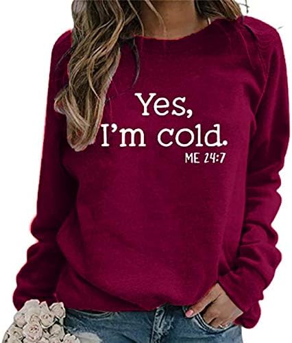 Hgccgdu да, јас сум ладен мене 24: 7 женски џемпери на женски случајни долги ракави солиден блок во боја Raglan Crewneck XMAS Fall