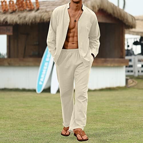 CTU машки 2 парчиња постелнини поставени долги ракави на плажа V-вратчето копче надолу со кошули летен одмор лабава јога пантолона со џебови