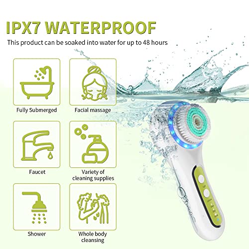 Електрична четка за чистење на лицето, водоотпорна четка за лице за полнење IPX7 со 3 режими, 5 глави на четки за ексфолијација, масирање и мешање на шминка