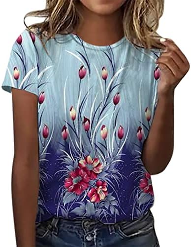 Кошули со кратки ракави за жени графички маички o врат симпатична печатена летна обична маица врвови за компресија кошула долга