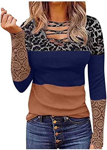 Женски врвови на леопард печати против џемпери за џемпери на вратот секси дами чипка ракав пуловер на вinesубените Денот подароци