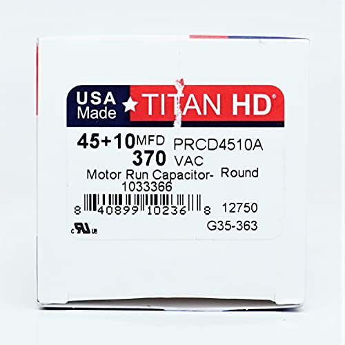 Кондензатор на Titan HD Round Run 45 + 10 MFD 370 VAC Packard PRCD4510A направен во САД