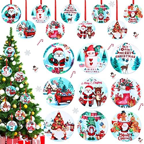 9 парчиња акрилни Божиќни украси околу акрилни акварели украси за новогодишна елка Гном Дедо Мраз црвен камион акрилик Божиќ што виси украси