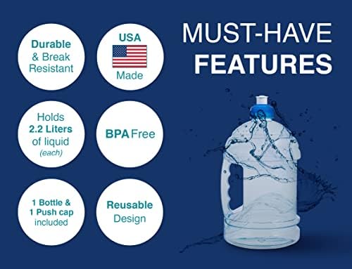 Arrow H2O на шише со вода во движење, 2,2 литар - големо чисто пластично шише со вода со капаче за притискање - направено во САД, БПА бесплатно