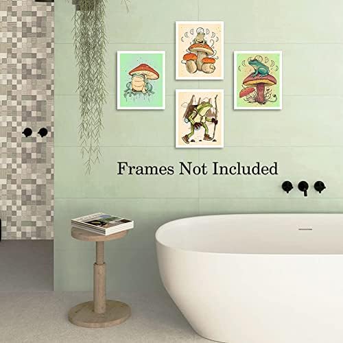 Смешни постери за жаби гроздобер жаба печурка за печурки, ретро слатка жаба печурка креативност природа илустрација платно платно уметнички отпечатоци за бања за