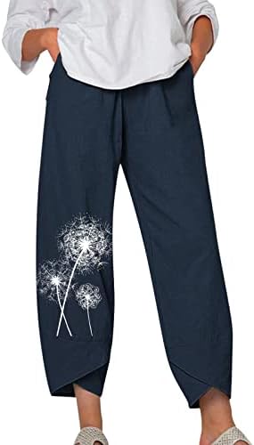 Летни постелнини панталони за жени лабави се вклопуваат памучни постелнини џемпери гроздобер печатење трендовски лаги исечени