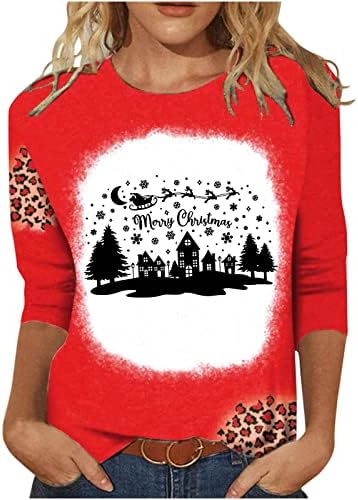 Божиќ 3/4 ракав врв за жени Смешни гнони печати пулвер врвови на екипажот блуза леопард маици со долг ракав
