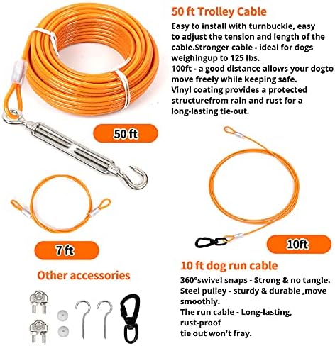 Cable jenico Dog извадете кабел - 50ft/70ft/100ft надземен систем за колички за кучиња до 250 bs - кабел за тркач со тешки кучиња