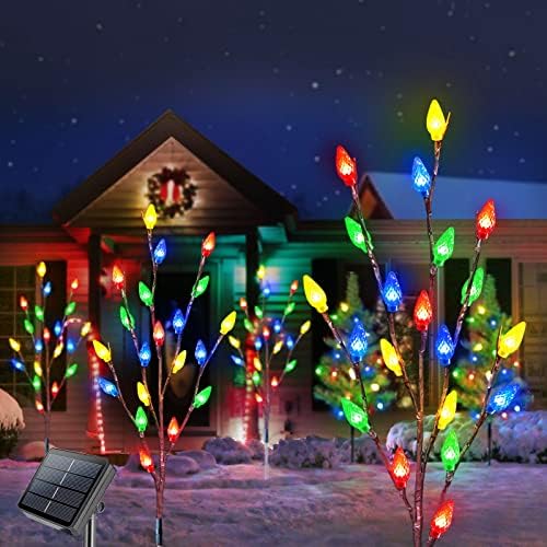 Homeleo сет од 4 надградени соларни Божиќни патеки светла на отворено, водоотпорни новогодишни соларни напојувања, 80 LED диоди разнобојно C6 мало Xmas Tree за преден трем, вна