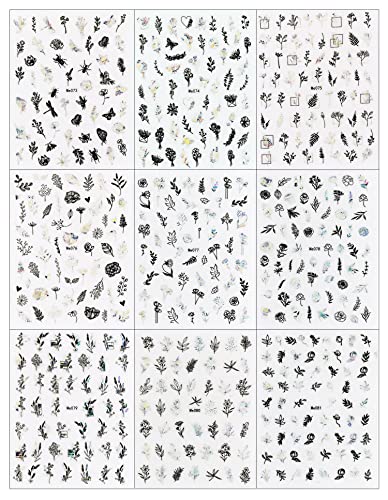 9 листови сребрени лисја налепници за уметност за нокти Декларации самолепливи pegatinas para uñas црна сребрена трева лисја пеперутка