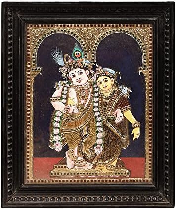Егзотична Индија Рада Кришна Танјоре сликање | Традиционални бои со 24к злато | Рамка од тиково дрво | Злато и дрво | Ч