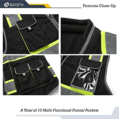 JKSAFETY 10 џебови hi-vis zipper предниот црн безбедносен елек | Перничена јака | Високи рефлексивни ленти со продолжени неонски