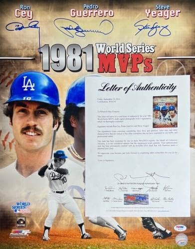 Рон Цеј, Педро Гереро, Стив Јегер - Ла Доџерс потпиша 16х20 Фото PSA X01546 - Автограмирани фотографии од MLB