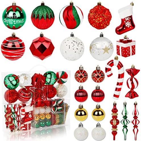 Орнаменти на новогодишни украси од 106 парчиња гигантски божиќни топки украси сет, црвено зелено злато расипување пластична Божиќна топка