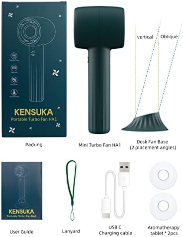 Преносен рачен вентилатор на Kensuka со ароматерапија HA1, личен USB -полнен мини турбо вентилатор со 3 брзини прилагодливи и биро база, вентилатор за џебна рака за жени, п?