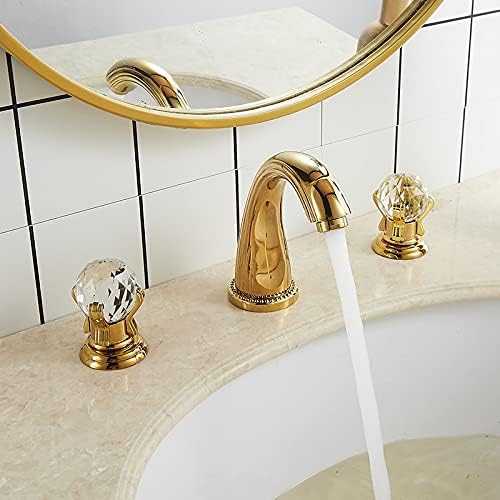 Басен тапа златна бања со мијалник за мијалник со 3 дупки со голема тапа со топла и ладна месинг кристална тапа