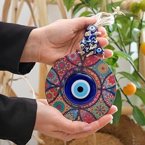 BCS Mandala Evil Eye Decor Decor Home Wallид виси 4,5 дрвена рамка стаклена мушка повеќебојно цветна шема рачно изработена турска амајлија на Назар со среќа шарм