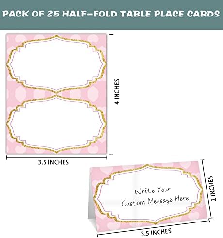 Табела за место за бебиња, 25 парчиња шатори картички поставени со дизајн на розови и златни, картички за уредување на име за седење, лакови за забава, златна круна ма