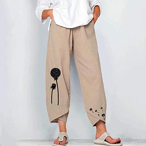 Gufesf Постелнини панталони за жени Каприс Пант Графички постелнина широка нога обична лето удобна висока половината лабава култура панталони