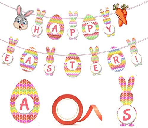 Среќен Велигденски банер украси за украси, Велигденски транспарент за мантија, разнобојно јајце зајаче забава, домашно камин што виси декор, зајак на отворено во з?