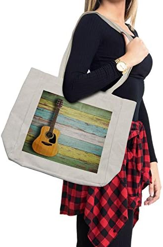 Амбесон музичка кеса за купување, акустична гитара на шарени насликани дрвени штици од рустикална земја за печатење, еколошка торба за еднократна