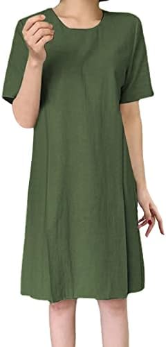 Icodod фустан женски 2023 лето лабава кратка ракав цврста боја на вратот со средна должина џебни фустани за жени