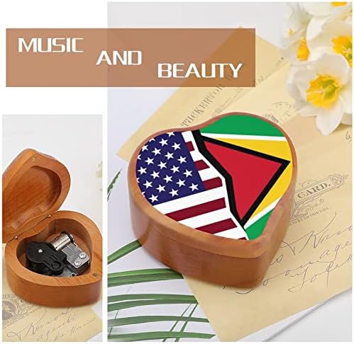 Американско и знаме на Гвајана Гроздобер Дрвена часовна кутија музичка кутија во форма на срцева кутија подароци за семејни