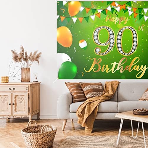 Среќен 90-Ти Роденден Позадина Банер Декор Зелена - Сјајот Навива на 90 Години Роденден Тема Украси За Мажи Жени Материјали