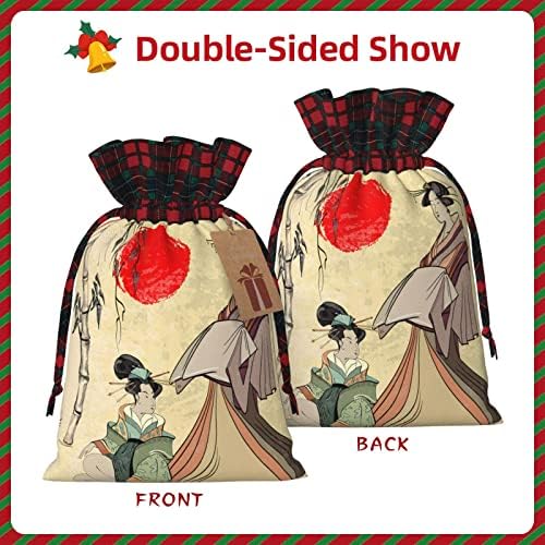 Алгоби Божиќни Торби За Подароци Со Врвки Јапонски-Гејша-Девојка-Јапонија Бафало Карирана Чанта За Влечење Забава Ги Фаворизира Чантите
