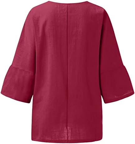 Womenените памучни ленени врвови врвови плус големина модни цврсти туники, обични лабави вклопени удобни 3/4 кошула со ракави блузи