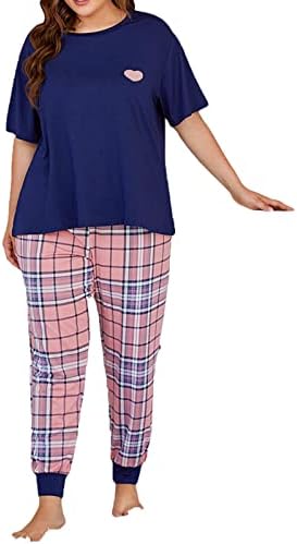 Плус големина на пижами костум за жени лабави цврсти кратки ракави врвови и карирани санки за спиење на пантолони