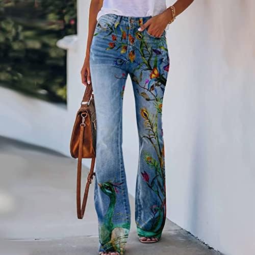 Огнено панталони со високи половини за жени плус големина на патент Цветоно печатено дно, панталони со широки панталони со