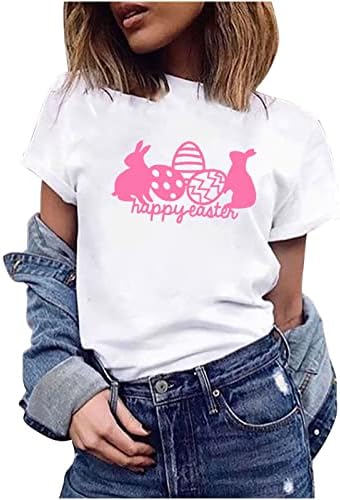 Женска летна маица Едноставно среќен велигденски печати врвни кратки ракави графички тимови тинејџерски девојки слатки основни кошули за