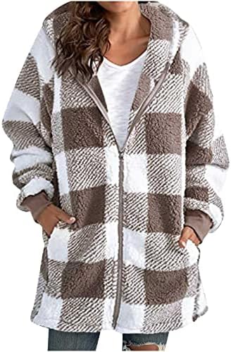 Карирани зимски палта за жени со качулка руно топло патент на пулвер џемпери, обична плишана јакна за блуза со долг ракав