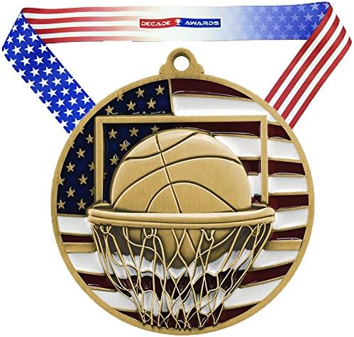 Деценија Награди Кошарка Патриотски Медал - 2,75 Инчен Широк Карики Медалјон Со Ѕвезди И Ленти Американско Знаме V Вратот Лента