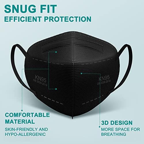 TopMax KN95 Маски за лице 50 пакувања 5-подножјето на филтерот за дишење на филтрирање 95% Заштитна чаша прашина маски за еднократна употреба против PM2.5 Црно