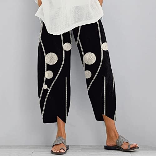 Женски памучни постелнини капри панталони, еластични високи половини со широки нозе лабава јога каприс графички цветни печатени