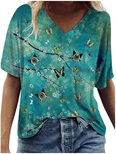 Женска Мода Печатени Пуловер V - Вратот Обични Маици Кошули Симпатична Btterfly Графички Блузи Краток Ракав Врвот Лето